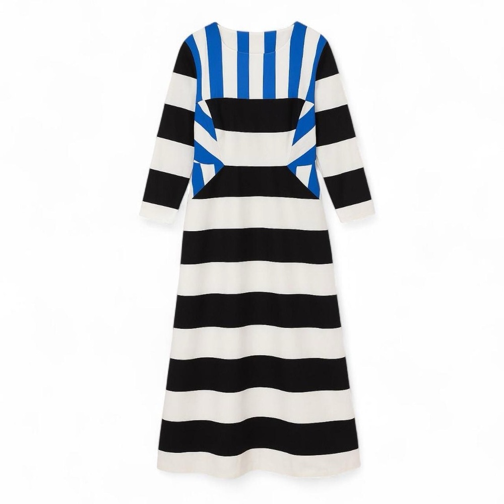 Marimekko Black White and Blue Striped Long Sleeve Dress - Picture 2 of 3